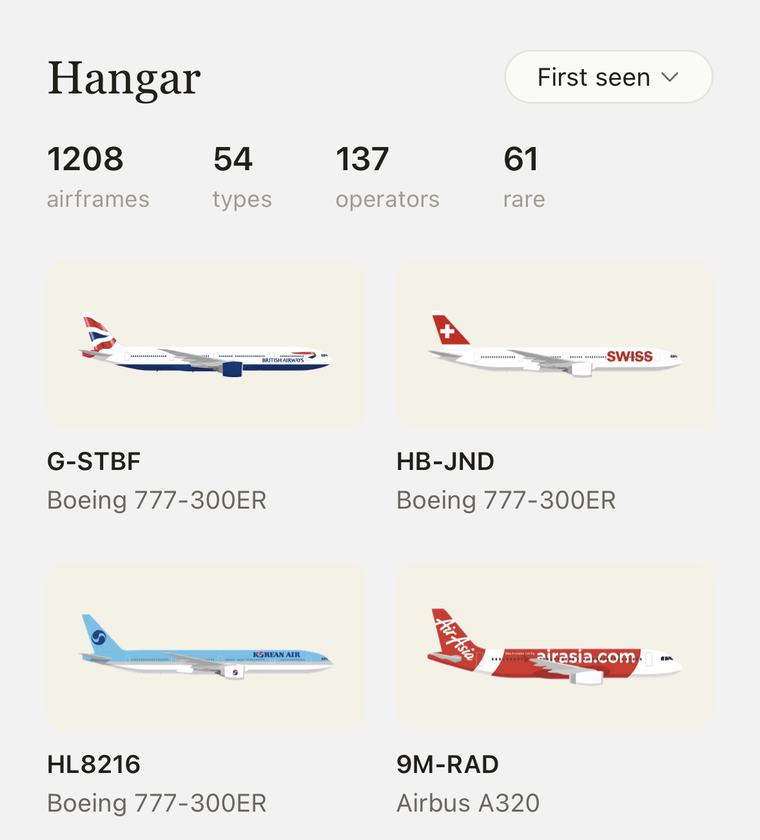 The Hangar in the app: a grid of aircraft the frame has
                  seen, each with its registration and type.