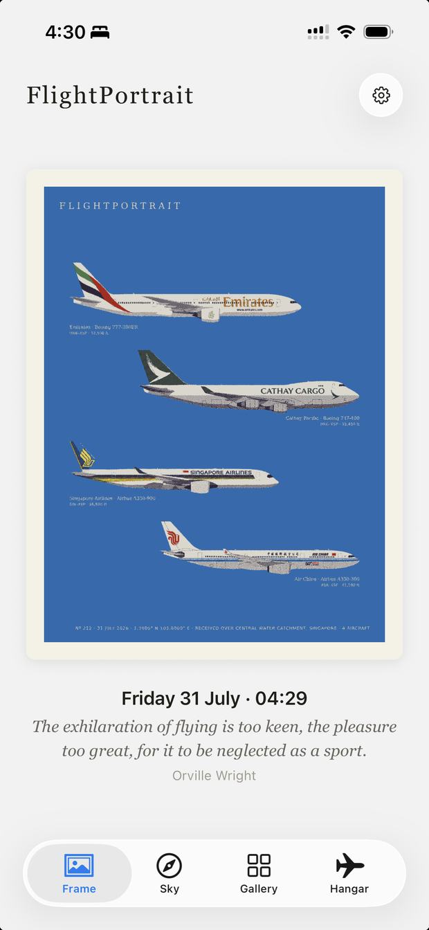 Today's drawing in the app: four aircraft with their
                    airline, type and altitude, the date it was made, and
                    the day's quote.