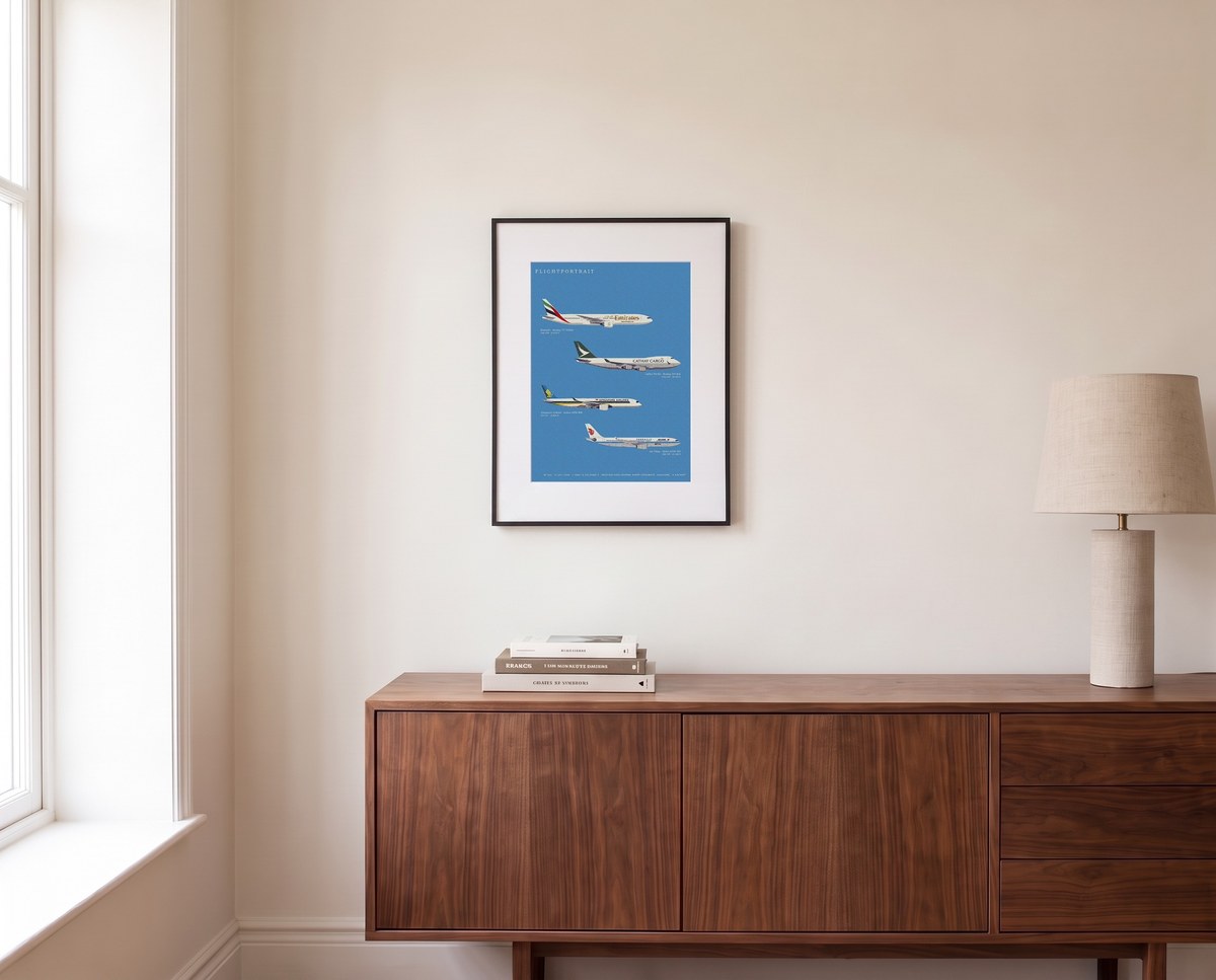 By day: a FlightPortrait with a blue print on a living-room wall above a walnut sideboard.