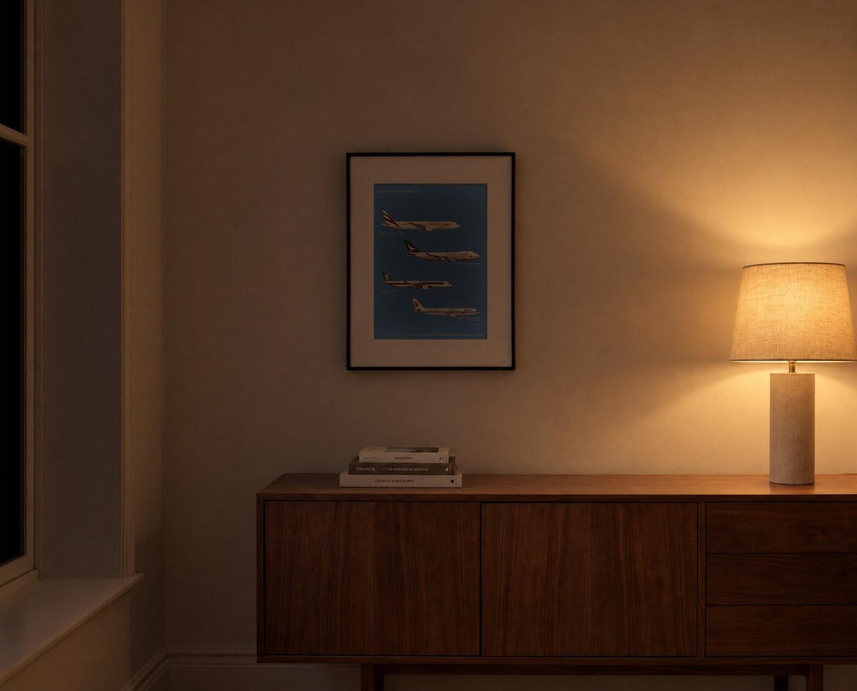 The same room at night: the table lamp glows, the frame stays unlit, like a print.