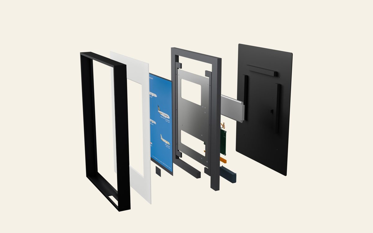 A FlightPortrait taken apart: the frame, the mat, the colour e-ink panel, the board and the back.