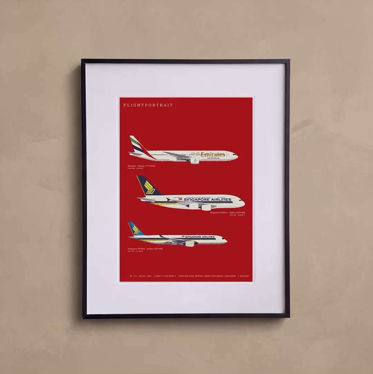 A framed FlightPortrait on a wall, drawn on red.