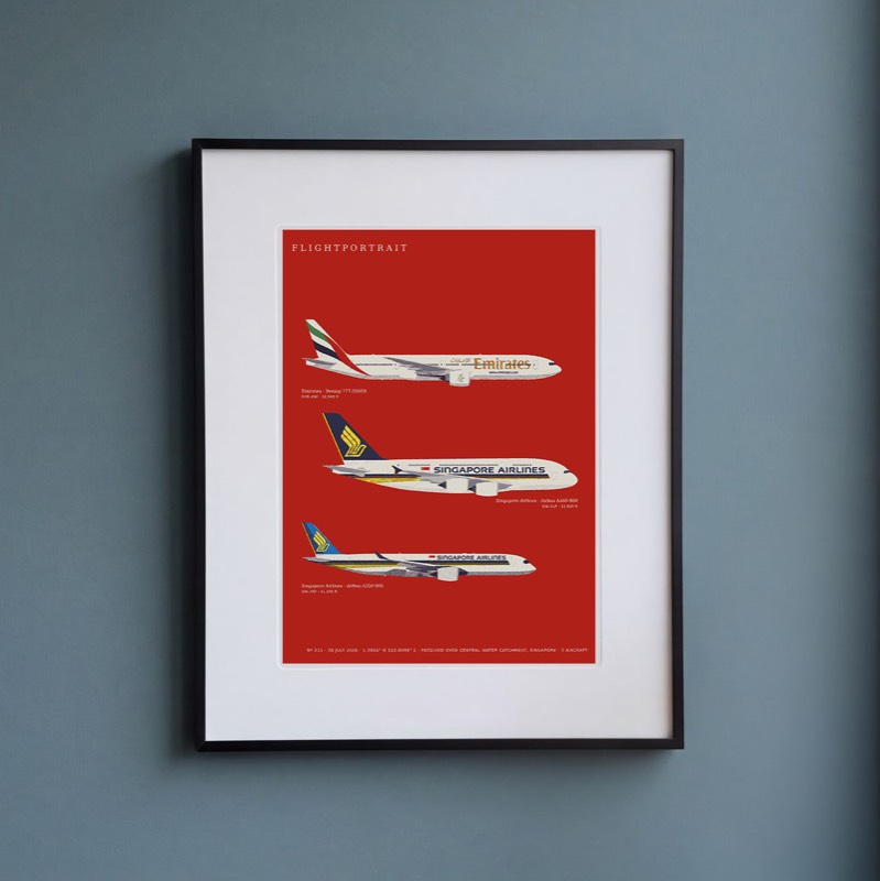 A FlightPortrait drawn on red: an Emirates 777 and two
                  Singapore Airlines aircraft.