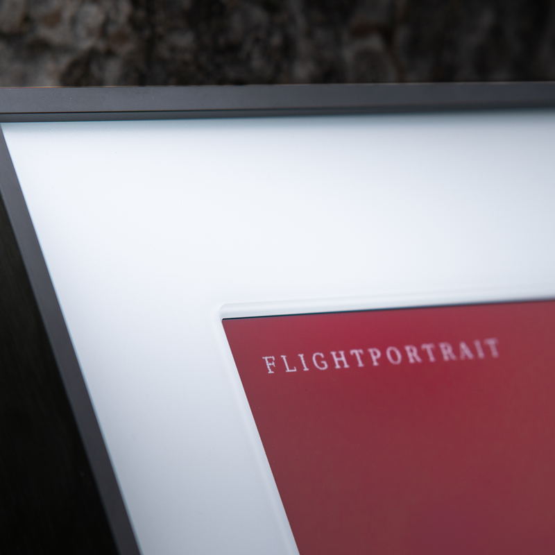 A close-up of the frame's corner: the brushed edge, the depth
                of the mat, and the wordmark printed on the panel.