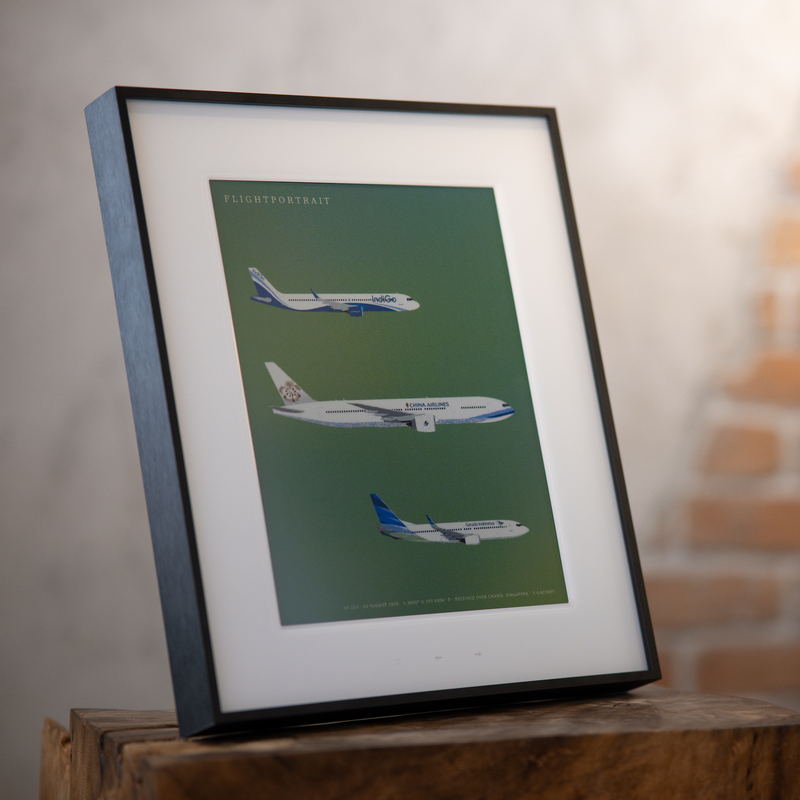 A FlightPortrait drawn on green, resting on a wood block
                against a brick wall: three aircraft.